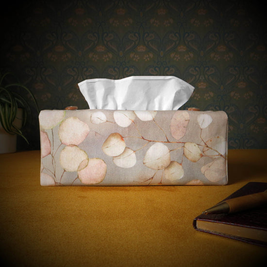 Printed cotton rectangle tissue box cover with lunaria leaf design on brown background