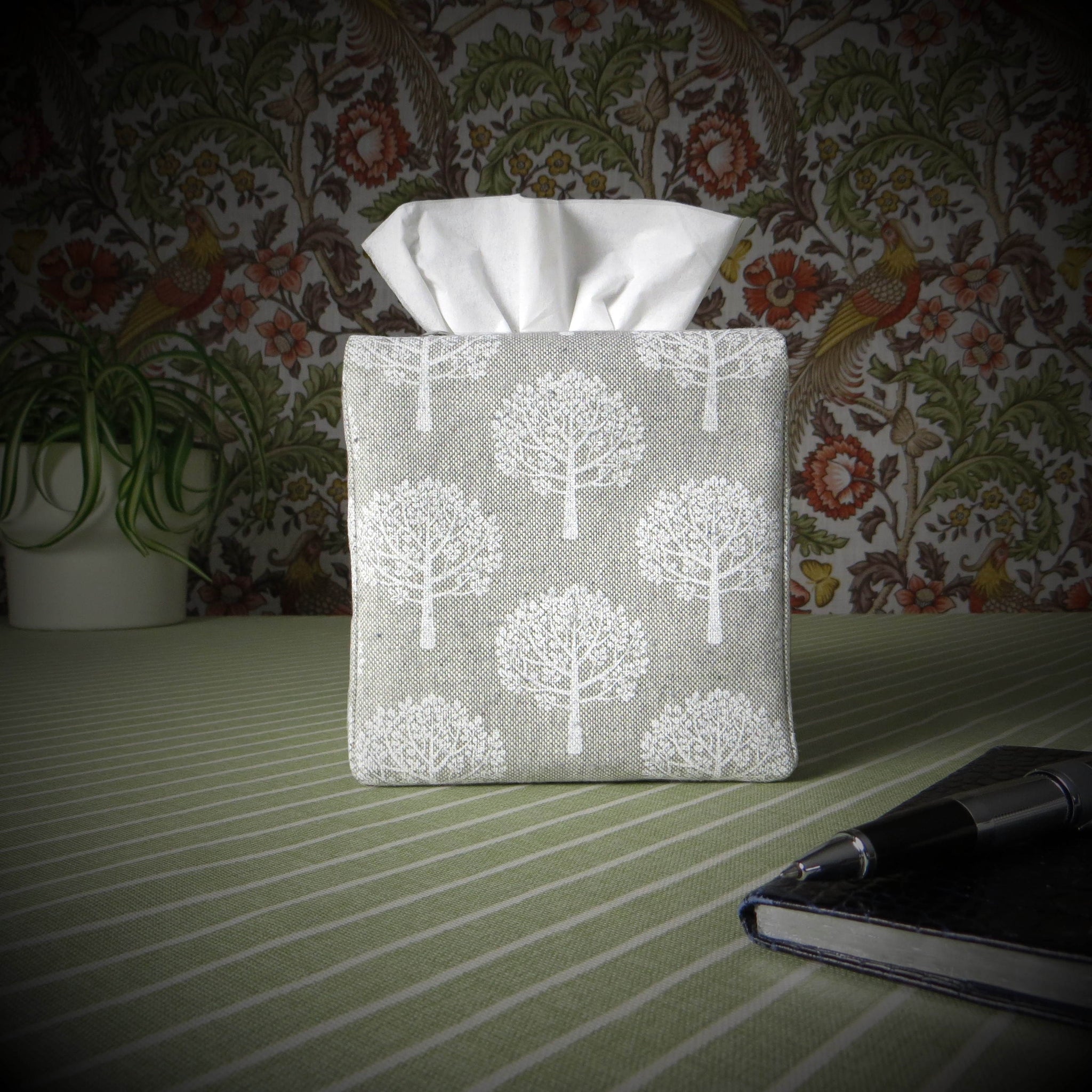 Printed cotton square tissue box cover with white mulberry tree design on taupe background