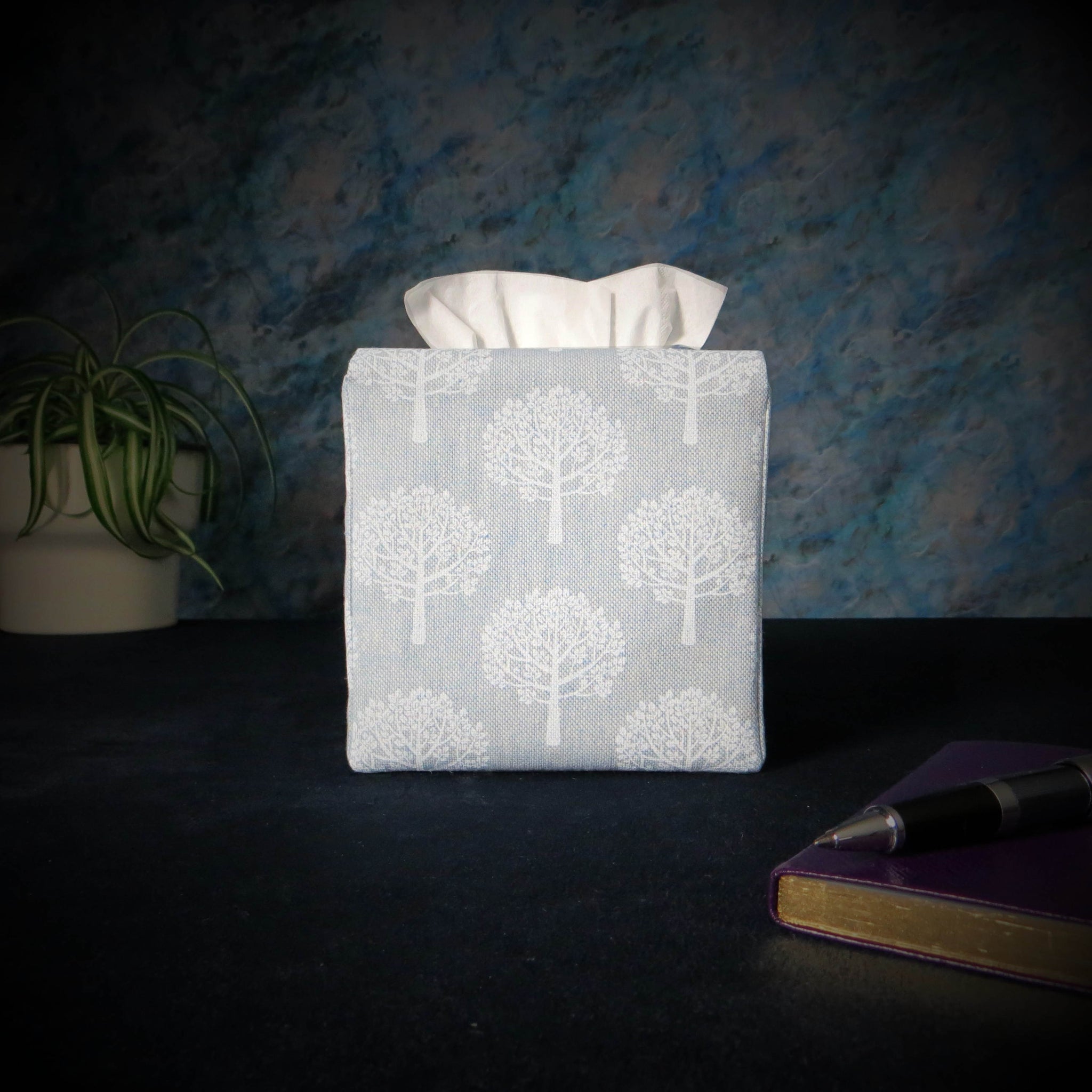 Printed cotton square tissue box cover with white mulberry tree design on light blue background