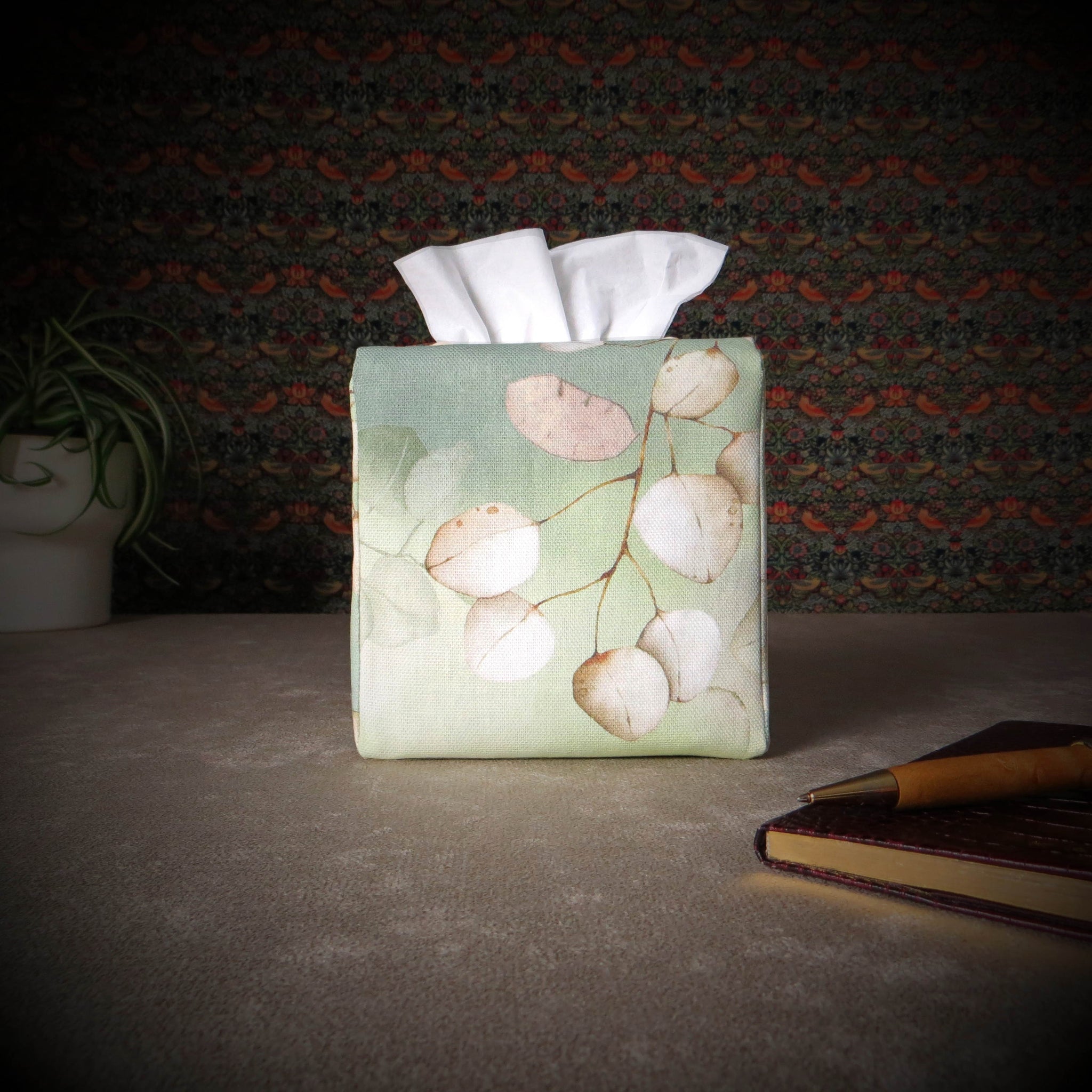 Printed cotton square tissue box with lunaria leaf design on green background