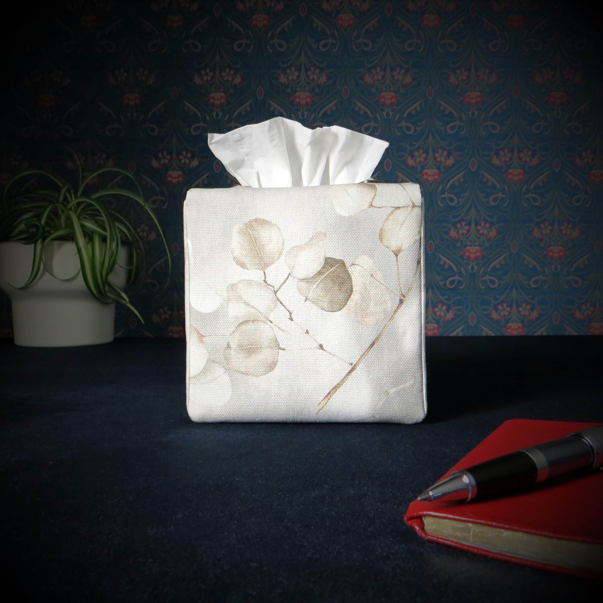 Printed cotton square tissue box with lunaria leaf design on grey background