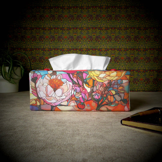 Rectangular tissue box cover with floral garden stained glass design on red toned background