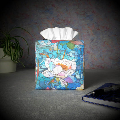 Square tissue box cover with floral garden stained glass design on blue toned background