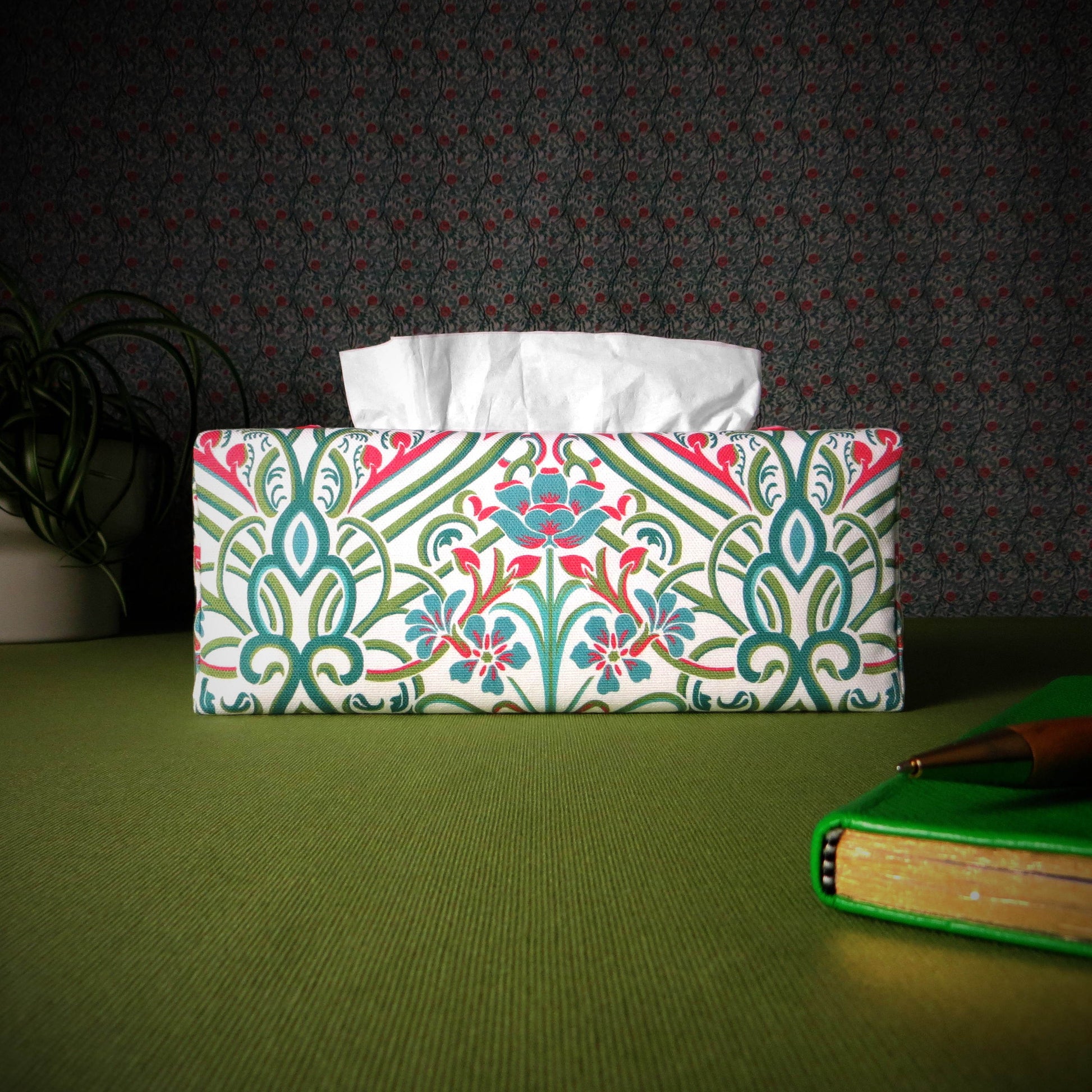 Cotton rectangle tissue box cover with blue flowers with teal and red Victorian embellishment on white background