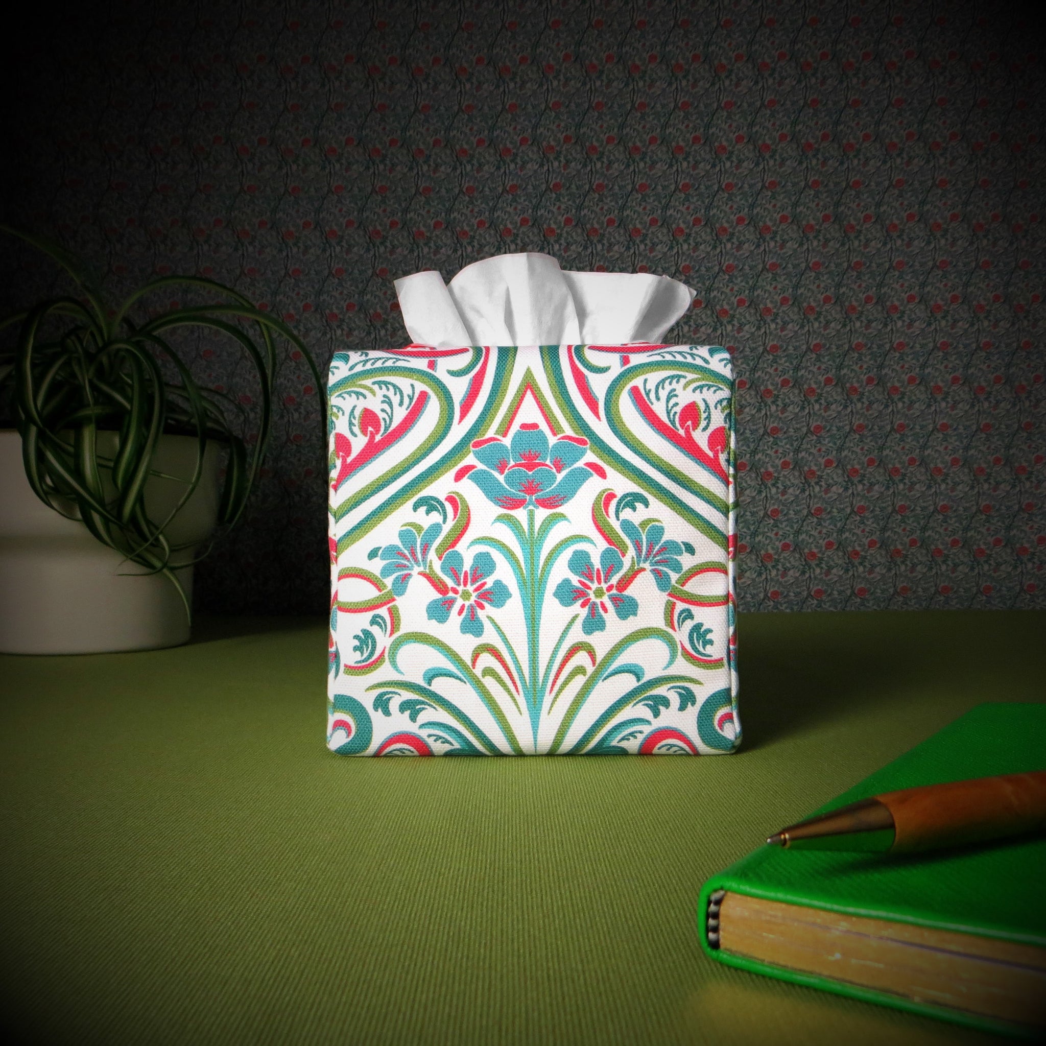 Cotton square tissue box cover with blue flowers and teal and red Victorian embellishment on white background